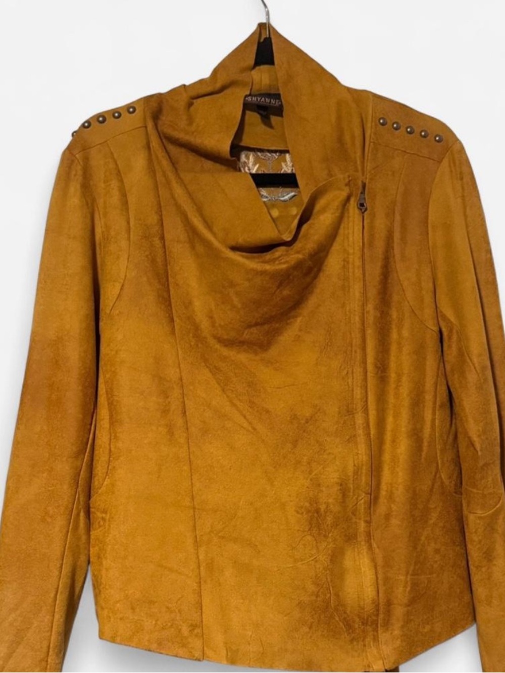 Shyanne Mustard Suede-Effect Drape Collar Jacket with Stud Shoulders